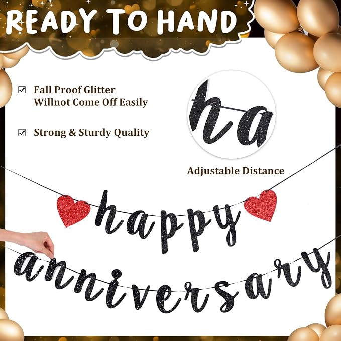 Retisee Red Anniversary Decorations Happy Anniversary Banner Sign Romantic Feliz Aniversario Party Decoration Glitter Banner with 24pcs LED Candles 2000pcs Rose Petals for Home Party Night Wedding
