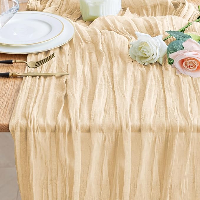 Wokceer Cheesecloth Table Runner Sand 10FT Boho Gauze Christmas Cheese Cloth Table Runner for Party Easter Rustic Sheer Table Runners for Baby Bridal Shower Wedding Table Decor