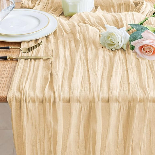Wokceer Cheesecloth Table Runner Sand 10FT Boho Gauze Christmas Cheese Cloth Table Runner for Party Easter Rustic Sheer Table Runners for Baby Bridal Shower Wedding Table Decor