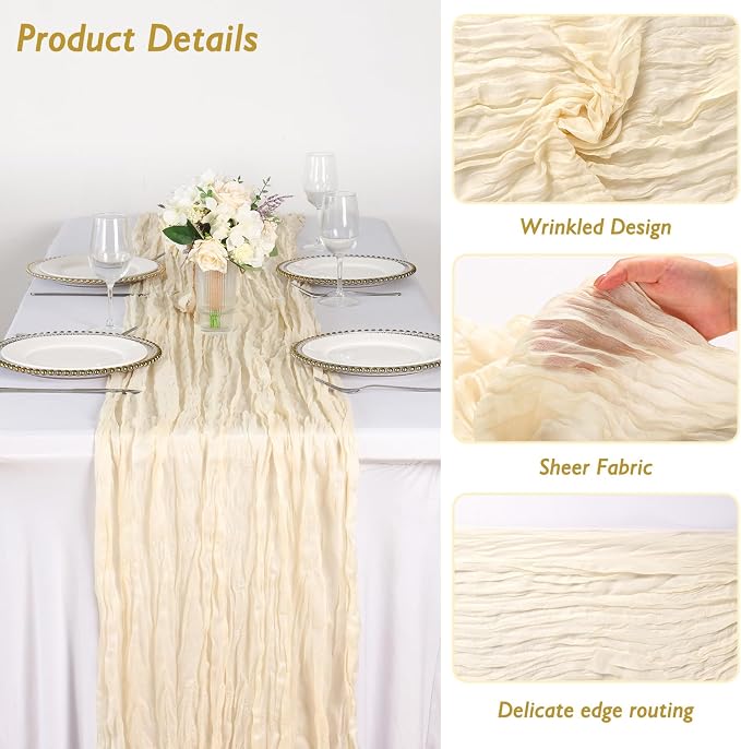 12 Pack Ivory Cream Cheesecloth Table Runner 120 Inch 10FT Cheese Cloth Runners for Wedding Decoration, Banquet, Boho Decor