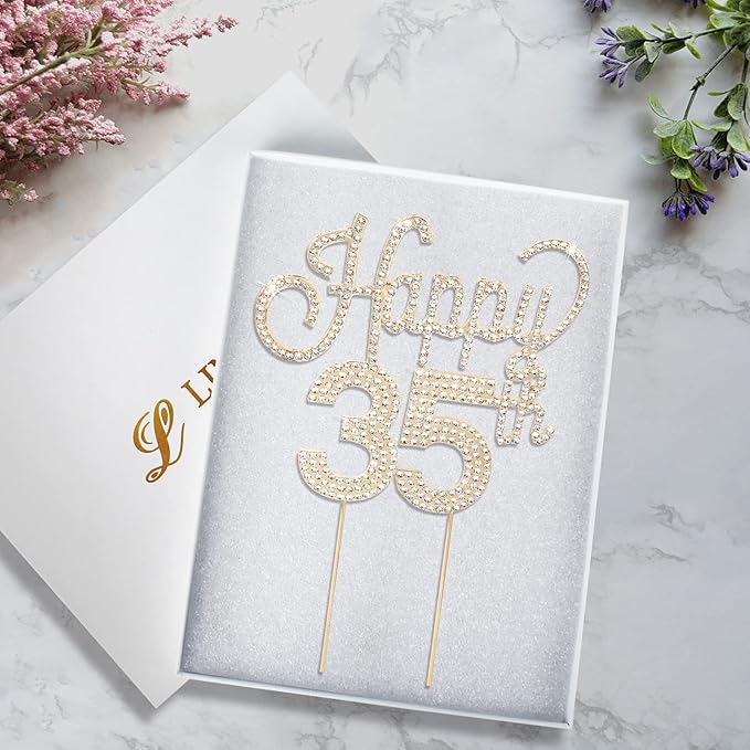 LINGTEER Happy 35th Birthday Gold Rhinestone Cake Topper - Cheers to 35th Birthday 35 Years Old Anniversary Party Cake Centerpieces Topper Decorations Gift Sign.