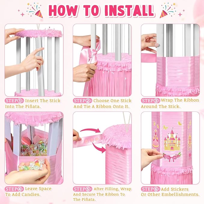 WERNNSAI Princess Spinning Piñata - Spinning Piñata with Pull String, DIY Stickers, Girl Piñata for Princess Birthday Party Decorations Summer Party Carnivals Games Supplies (13" x 7.9" x 7.9")