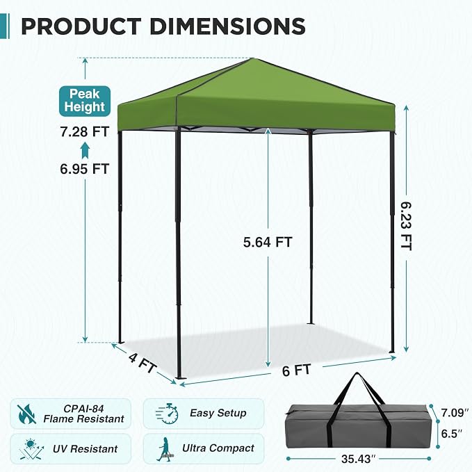 EAGLE PEAK 6x4 Instant Pop Up Canopy Tent, Straight Leg Sun Shelter, Portable Canopy with Carry Bag for Camping, Beach & Sports, Grass Green