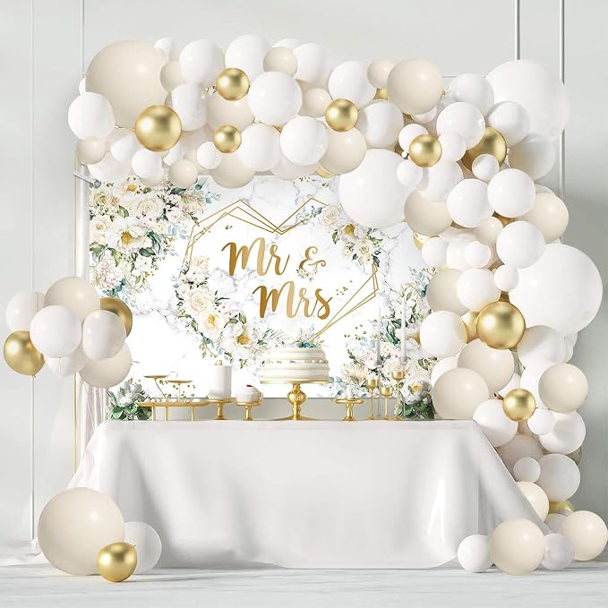 MEHOFOND White Floral Wedding Balloons Arch Kit with White Wedding Party Decorations, Mr and Mrs Paper Plates Cup and Nakpins Set, Floral Wedding Disposable Dinnerware with Tablec