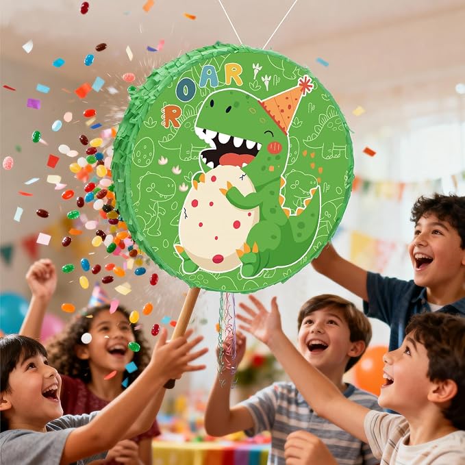4 In 1 Dinosaur Round Piñata, 17.58'' Dinosaur Piñata Bundle, Dinosaur Birthday Party Decorations Stick etc Dino Party Pinata for Dinosaur Party Favor Bag Fillers Decorations