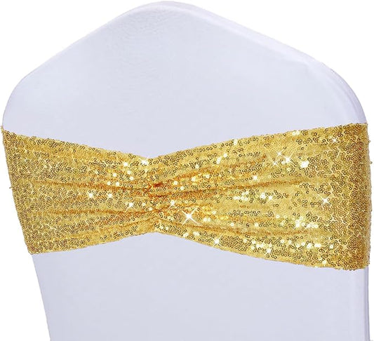 Poise3EHome Gold Sequin Chair Sashes Folding Chair Covers Bow for Party Wedding Reception Decorations, 50 PCS