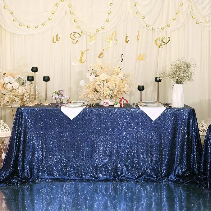 Eternal Beauty Navy Blue Tablecloth, 60x120 Inch Sequin Rectangle Table Cover for Cake Dessert Exhibition Party Birthday Events