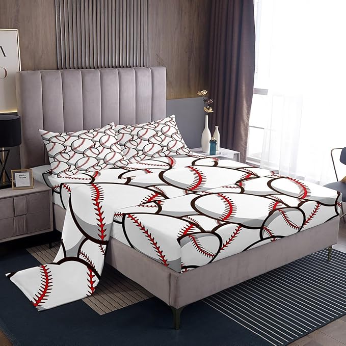 Castle Fairy Baseball Fitted Sheet Set King Size 4 Pcs,3D Baseball Boys Young Man Ball Sports Game,Bedding Sets (1 Fitted,1 Flat,2 Pillowcases) Luxury Deep Pocket Bed Sheets