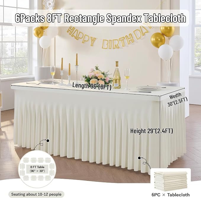 Leegleri 6 Pack Ivory Spandex Table Clothes for 8ft Rectangle Tables, Wrinkle Free Fitted Tablecloths for Parties, Weddings, Banquets, Baby Showers