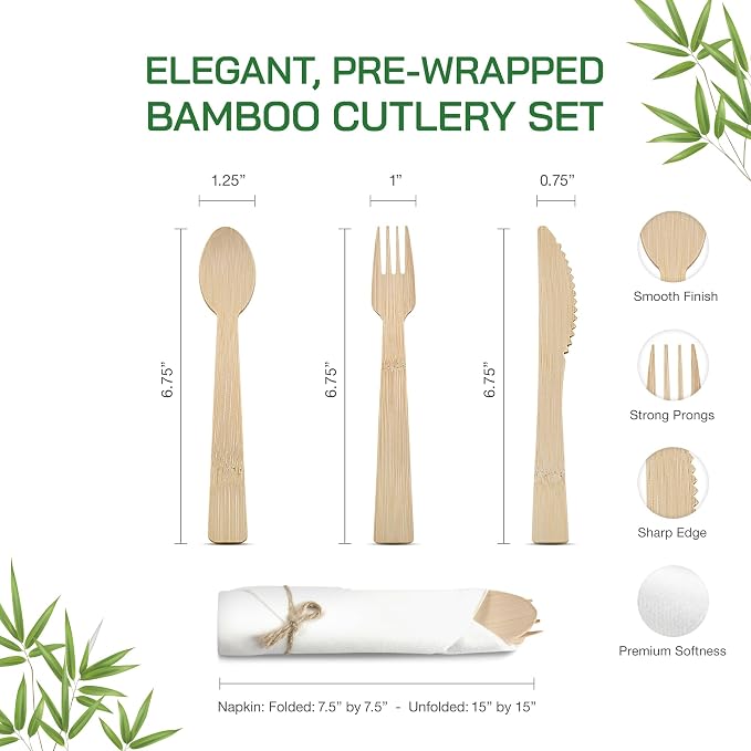 Prerolled Disposable Bamboo Cutlery Set – 25 Pack Pre Wrapped Silverware and Napkin Bundle with Forks, Knives, Spoons for Parties, Weddings, Events, and BBQ (Natural - Beige String)