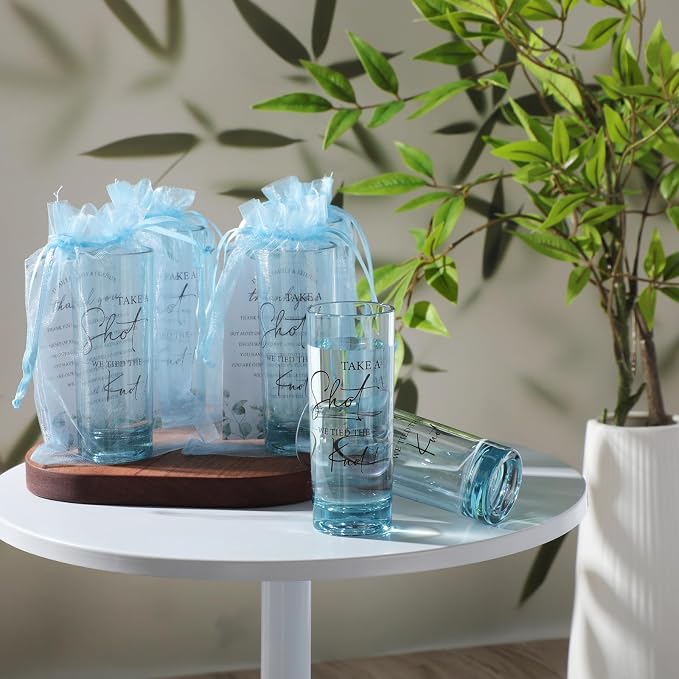 Sliner 150 Set Wedding Favors for Guests Bulk 2oz Acrylic Take a Shot We Tied the Knot Shot Glasses with Thank You Cards Organza Bags for Guest Souvenir Wedding Bridal Shower Gifts (Blue,Black)