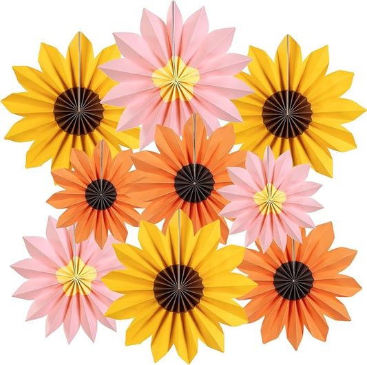 PAPER JAZZ Sunflower Party Decorations: 9 Sunflower Paper Fans & Flower Garlands, Summer Orange Pink Sunflowers, Wedding & Baby Shower Decor