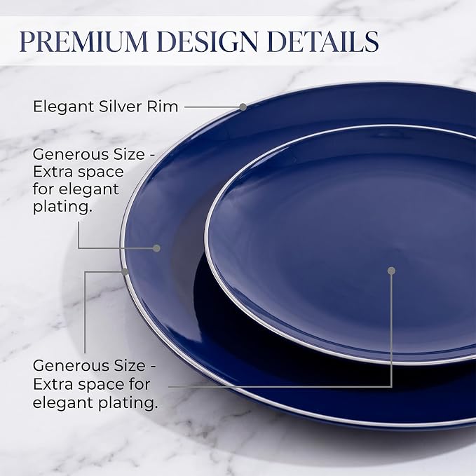 KIRE 175Pcs Blue Plastic Plates with Silver Rim & Disposable Silverware with Blue Handle & Silver-rim Cups & Hand Napkin & Plastic Dinnerware for Parties/Wedding/4th of July