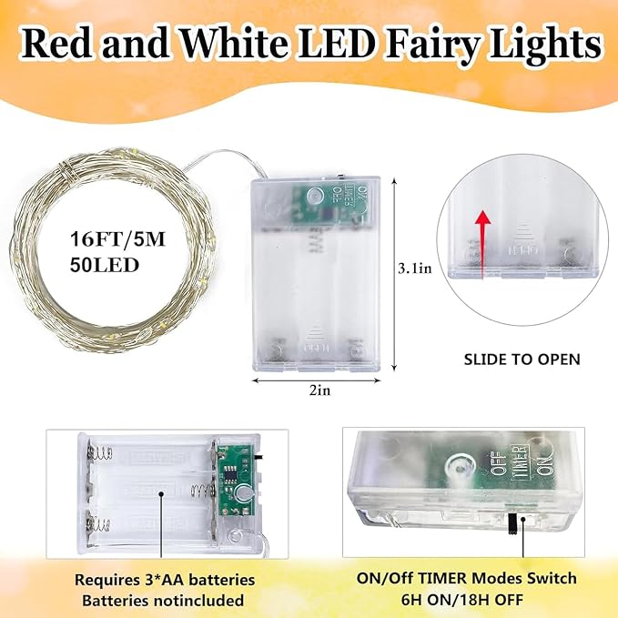 4-Pack Red and White Fairy Lights Battery Operated with Timer, 16FT 50 LED String Lights Outdoor Indoor, Christmas Lights Waterproof for Bedroom Home Wedding Birthday Xmas Parties and Centerpieces