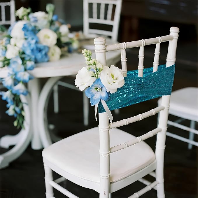 Poise3EHome Teal Sequin Chair Sashes, Double Sided Glitter Folding Chair Cover Bands for Wedding Party Ceremony Banquet Reception Decorations, 20 PCS