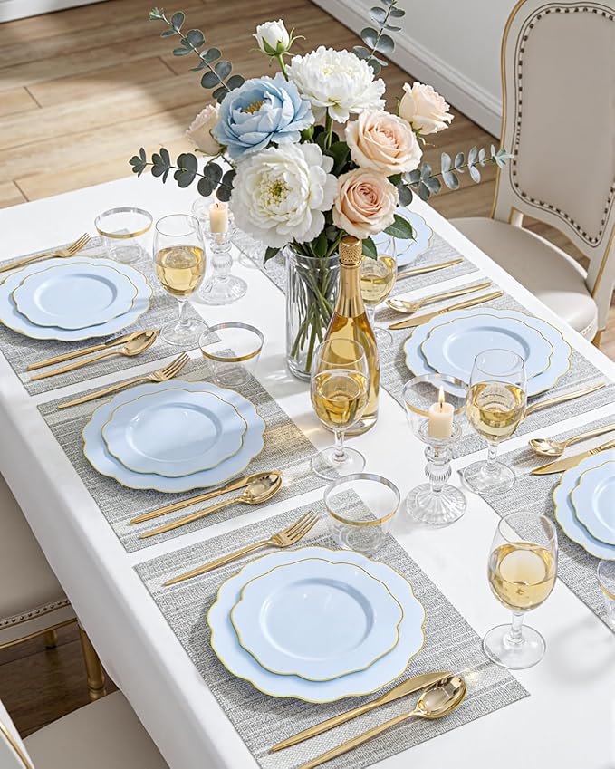 bUCLA 180PCS Blue Plastic Plates - Disposable Light Blue with Gold Rim - Include 30 Each (Dinner & Salad) Plates, 30 Knives, 30 Forks, 30 Spoons, 30 Cups for Party, Party, Birthday & Shower