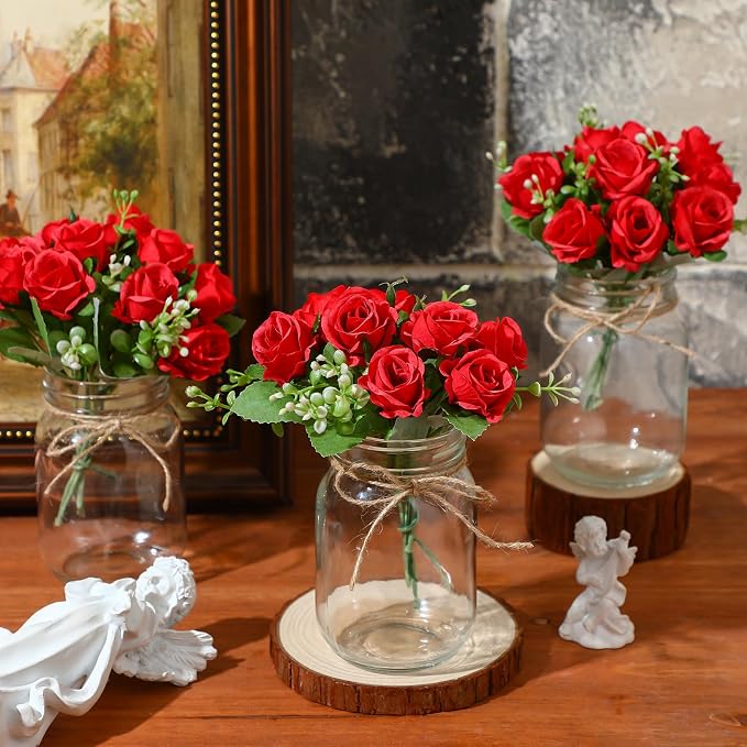 XunYee 10 Set Mason Jar Table Centerpiece with Flower Mason Jar Flower Centerpiece Vases Decor for Engagement Party Bridal Shower Wedding Reception Table Decor(Red,Red Rose)