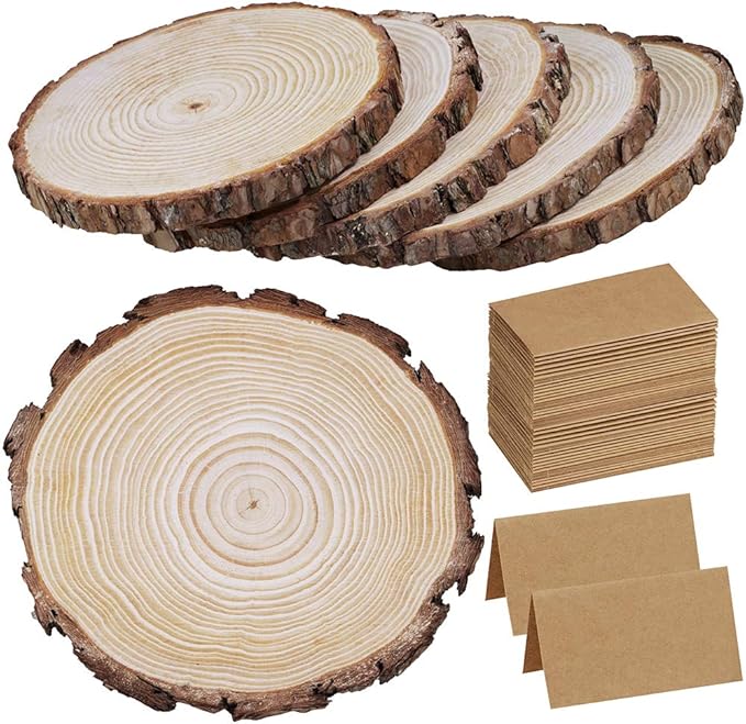 6 Pcs 8"-11" Wide Large Natural Round Wood Slices with Bark Pine Wood Slices Table Mat with 50 Pcs Kraft Place Cards for for Wedding Centerpiece DIY Woodland Projects Table Chargers Country Decor