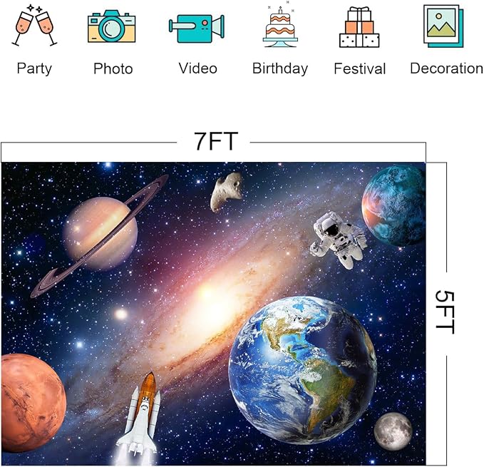 Outer Space Backdrop for Baby Kids,Astronauts Rockets Spaceship Universe Planets Background,Perfect for Children's Galaxy Themed Birthday Party Decorations Photo Banner (7X5 FT)