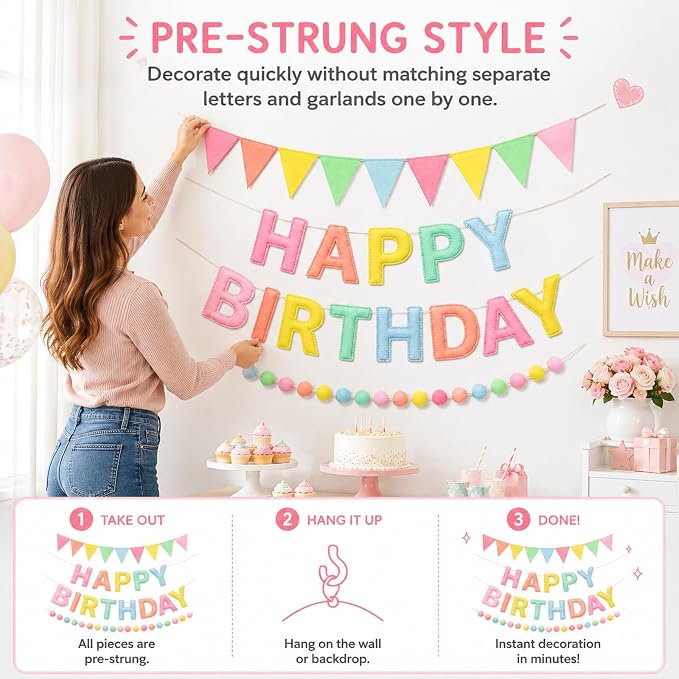 GOOGO Felt Happy Birthday Banner Set, Pastel Pre-Strung Party Decorations with Letter Banner, Felt Ball Garland and Pennant Flags for Girls and Women Birthday Decor