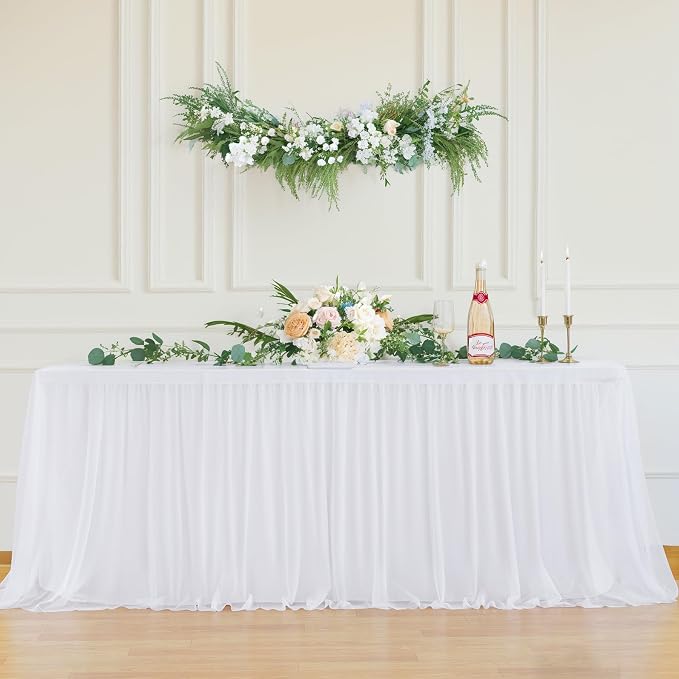 4 Pack White Tulle Tablecloths for 6 Foot Rectangular Tables, 72 x 30 Inch White Rectangle Table Cloth, Wrinkle Free Table Cover with Tutu Skirt for Wedding Birthday Party Banquet Buffet Decorations