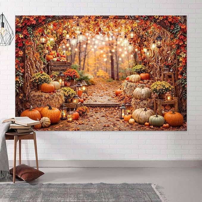 15 x 10 ft Fall Photo Backdrop Autumn Forest Scenery Pumpkins Harvest Maple Leaves Background Fall Sunflowers Thanksgiving Day Friendsgiving Party Decorations Banner Photo Booth Props Supplies