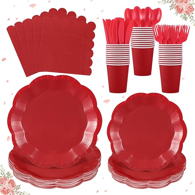 NatNarr 175 Pcs Red Paper Plates and Napkins Set Include 9" Dinner Plates, 7" Dessert Plate Disposable Scalloped Tableware Serve 25 Guest for Wedding Baby Shower Bridal Shower Birthday Mother's Day