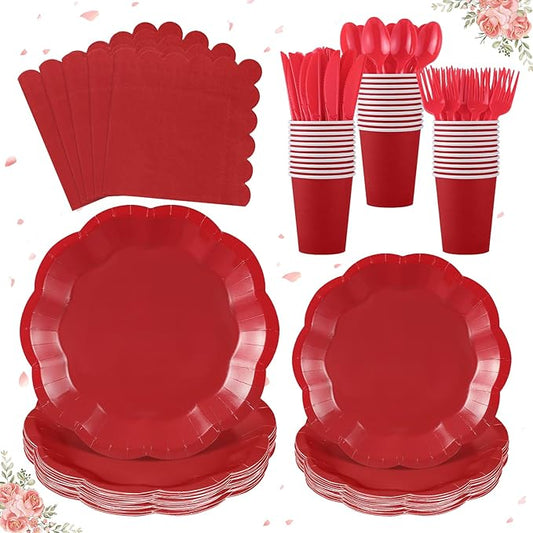 NatNarr 175 Pcs Red Paper Plates and Napkins Set Include 9" Dinner Plates, 7" Dessert Plate Disposable Scalloped Tableware Serve 25 Guest for Wedding Baby Shower Bridal Shower Birthday Mother's Day