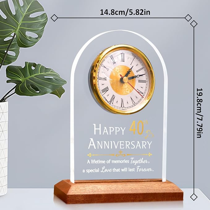 OkiyiD 40th Wedding, Light Up Anniversary Clock with LED Wooden Base for Couples Parents Bedroom Decor, Happy 40th for Husband Wife