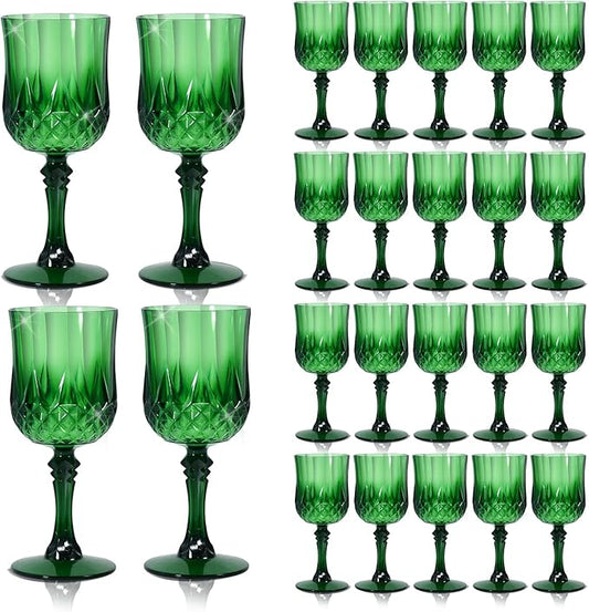 CHLJAR 7oz Plastic Vintage Drinking Glasses Wine Glasses Vintage Champagne Flutes Unbreakable Wedding Glassware Crystal Water Goblets Reusable Drinkware (Christmas green, 24 PCS)
