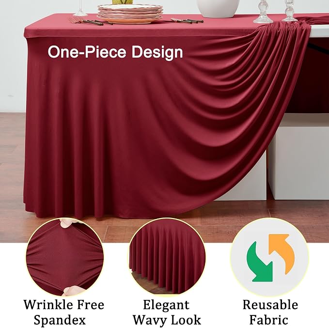 6 Pack Burgundy Spandex Tablecloth for 8 Foot Rectangle Tables, Wrinkle Free Fitted Table Cloth Cover 8FT Maroon Stretchy Tablecloths with Skirt for Parties Weddings Birthday Banquet Baby Shower