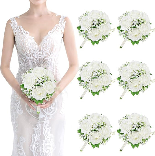 Artificial Bridesmaid Bouquets Set of 6-7 Inch Bridesmaid Bouquets Ivory White Rose Babys Breath Pre-Made Silk Flower Bouquet for Wedding Bridal Shower Centerpiece Ceremony and Anniversary
