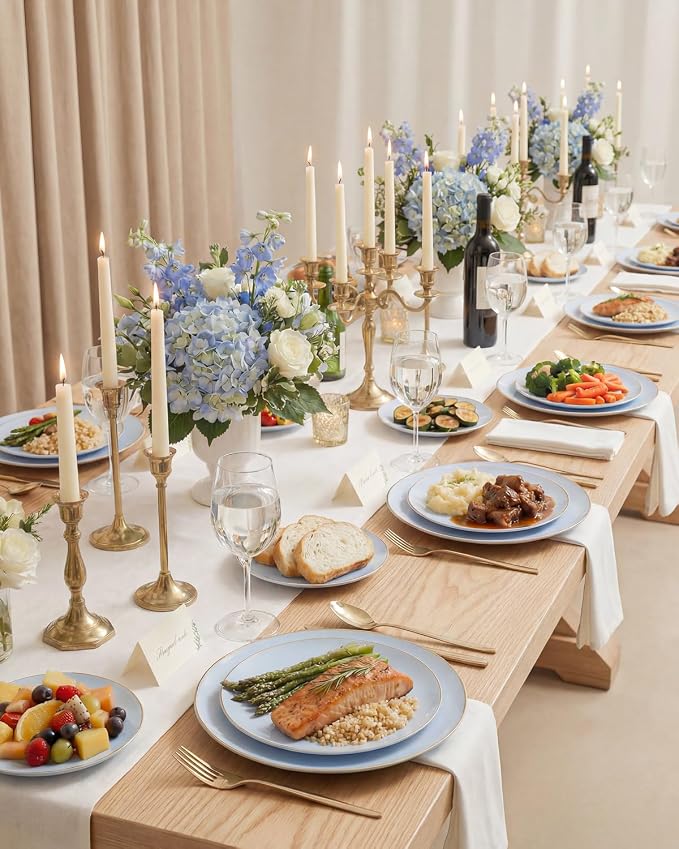 bUCLA 100PCS Light Blue Plastic Plates - Blue Disposable with Gold Rim - Include 50 Each (10 inch Dinner & 7 inch Dessert) Plates, Ideal for Party, Birthday & Spring