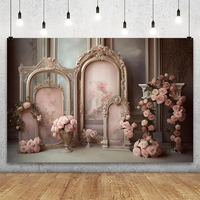 YongFoto European Retro Elegant Room Interior Wall Backdrop 5x3ft French Arched Oil Painting Frame Floral Vase Garland Photography Background Wedding Party Home Art Decor Portrait Photoshoot Props
