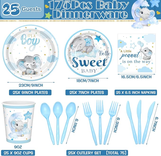 Sliner 175 Pcs Baby Boy Shower Decorations Plates Set for 25 Guests, Blue Elephant Theme Baby Shower Paper Plates Napkins Cups and Utensils Tableware Set It's a Boy Themed Birthday Party Supplies