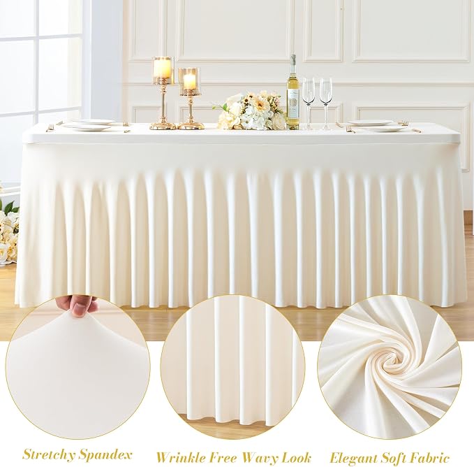 gogoparti 6 Pack Spandex Ivory Fitted Table Cloth for 6ft Rectangle Tables Ivory Stretch Tablecloth Banquet Table Covers Skirt Wrinkle Free Tablecloths for Parties Wedding
