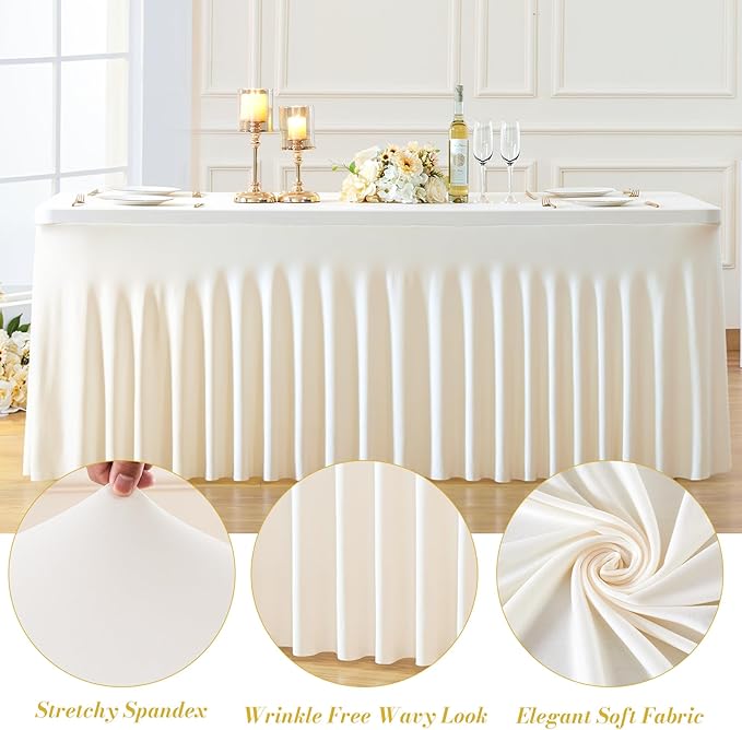 6 Pack Ivory Table Cloth for 8 Foot Rectangle Tables Spandex Fitted Tablecloth 8ft Stretch Table Covers Skirt Ivory Banquet Tablecloths Wrinkle Free Tablecloth for Party Wedding Birthday Event