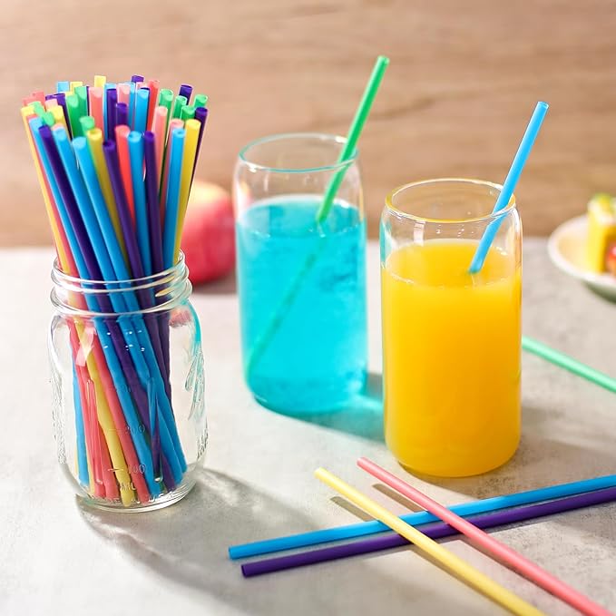 [100 Pcs] Biodegradable Compostable Disposable Colorful Straws - PLA Plant Based Drinking Straws for Juice Coffee Cocktail Cold Drinks (8.25" LongX0.23" Wide)