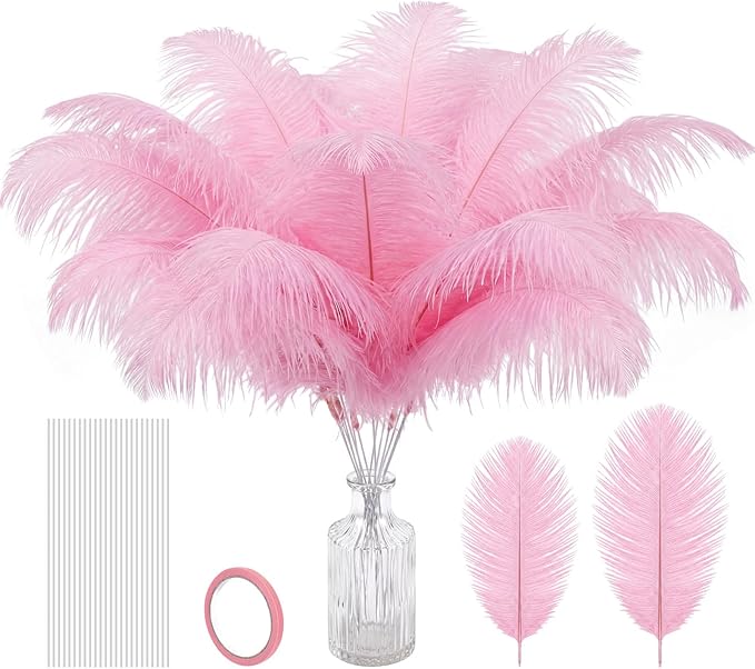 Hanaive 150 Pcs Ostrich Feathers Set Bulk Plumes 12-14 Inch (30-35cm) 70 Pcs Large Ostrich Feathers with 80 Sticks and Tape for DIY Crafts Wedding Home Party Centerpiece Decorations (Pink)