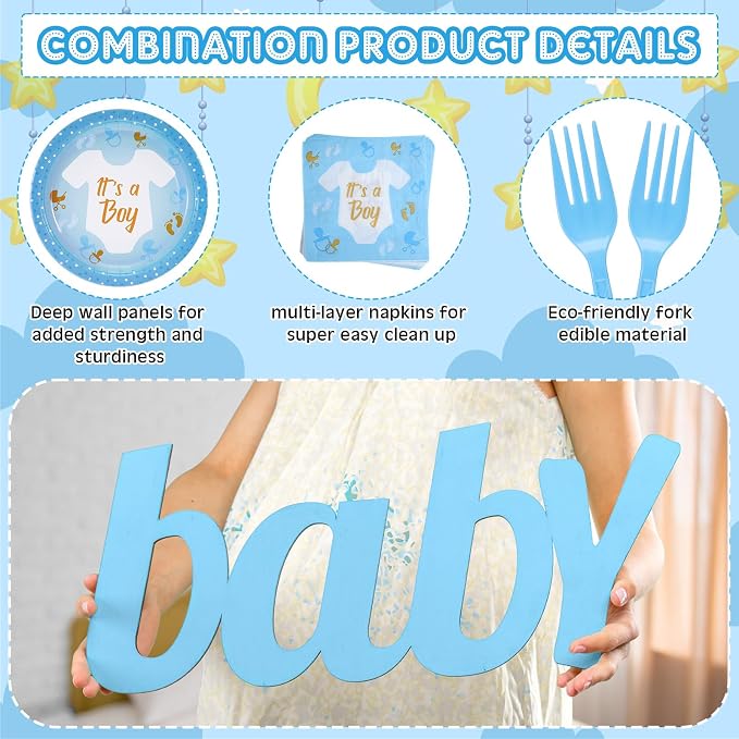 Tanlade 122 Pcs Boy Baby Shower Plates and Napkins It's a Boy Disposable Tableware Set Blue Paper Plates Napkins Forks Baby Shower Decorations Gender Reveal Party Supplies for 24 Guests