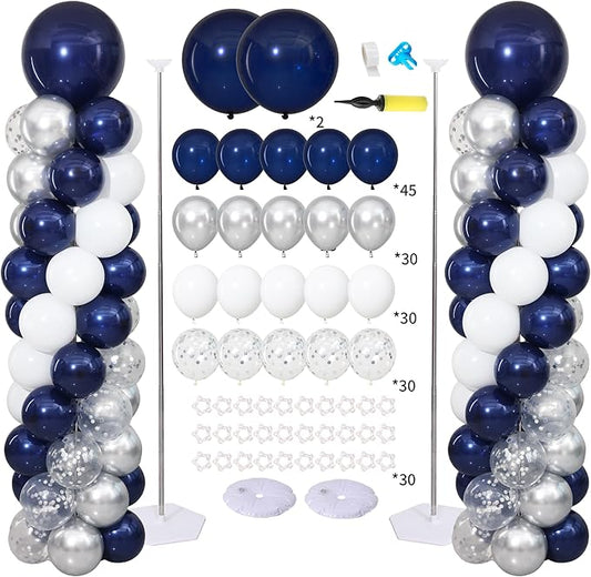 Navy Blue and Silver Balloon Column Stand Kit Set of 2, 135PCS Navy Blue and Silver White Confetti Balloon Arch Kit Balloon Towers for Graduation Boys Men Birthday Party Retirement Decorations