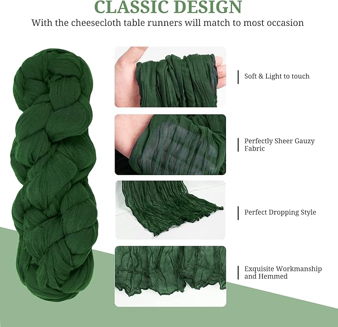 24 Pack Dark Green Cheesecloth Table Runners,10FT Boho Gauze Table Runner,35x120inch Rustic Table Runner for Wedding Party Bridal Shower Thanksgiving Christmas Boho Table Decoration