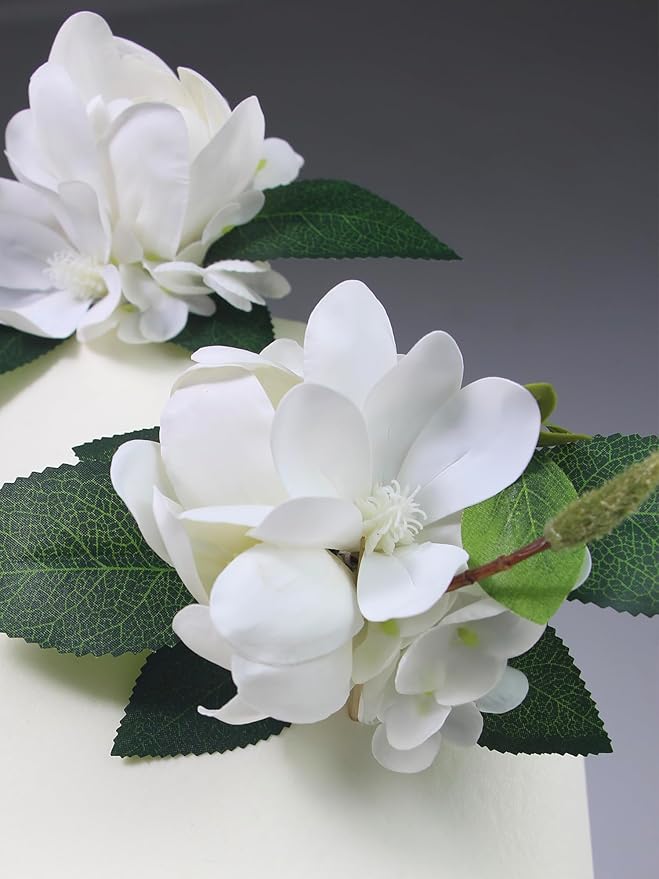 Rinlong 3Pcs Pre-made White Magnolia Cake Flowers Cake Toppers Decorations Wedding Cake Decorating Flowers Decor Birthday Baby Shower Party Artificial Flower Cake Topper