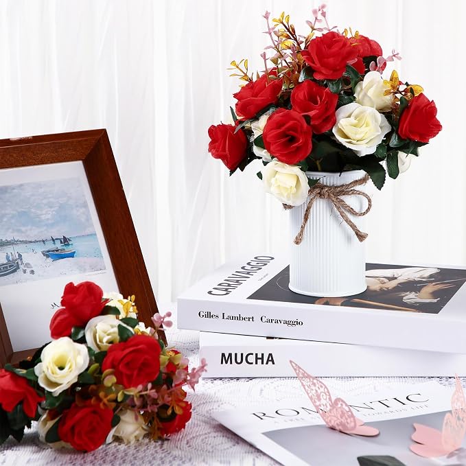 Domensi 6 Sets Wedding Centerpiece for Table Artificial Rose with Vase Fake Bouquets and Metal Pot Flower Arrangements for Bridal Shower Birthday Party Event Table Decor (Red)