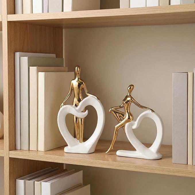 Ceramic Statues Aesthetic Abstract Couple and Heart Sculpture Modern Home Decor Decorative Statue for Living Room Bedroom Bookshelf Table Centerpiece Office (White and Gold)