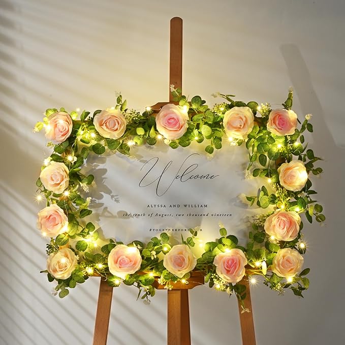 Dolicer 2Pcs Artificial Eucalyptus Garlands with Flowers - 8 Roses, Faux Floral Greenery Garlands Fake Flower Vines for Wedding Table Centerpieces Arch Party Decor (Pink)