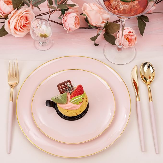 DaYammi 150Pcs Pink Plastic Plates with Gold Rimmed,Heavy Duty Plastic Plates - Pink Disposable Plate Included 30 Dinner plate,30 Dessert plate,30 Knives,30 Forks,30 Spoons for Mother's Day Party
