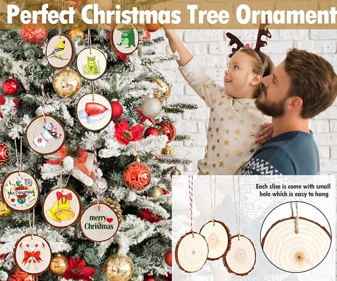wohohoho 32pcs 3.2-3.6 inches Natural Wood Slices, Unfinished Craft Wood Kit Predrilled with Hole Thickened Wooden Circles with Bark for DIY Ornaments Christmas Wedding Decorations Wood Coasters Tags
