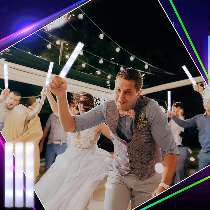 Liliful 100 Pcs LED Foam Sticks Bulk White Light up Sticks Flashing Glow Baton Wands Themed Party Set, Glow in the Dark Party Supplies for Wedding, Raves,Concert,Birthday,Sporting Events