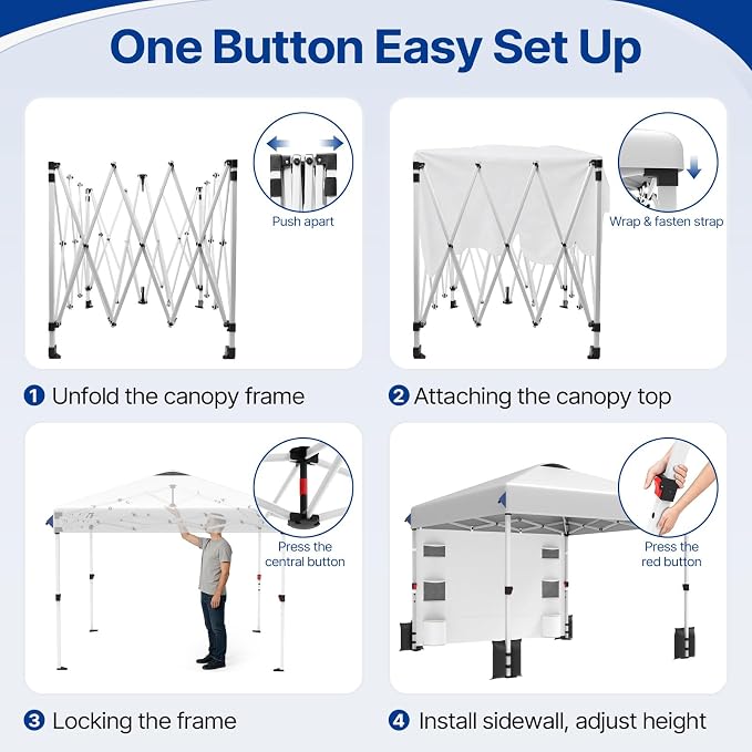 10x10 FT Pop Up Canopy Outdoor Tent with 1 Sidewall and 6 Pockets, 1-Button Push Easy Set Up, 3-Height Adjustable Beach Shade, Heavy Duty Sun Shelter for Vendor Events Camping Party Outdoor Activities